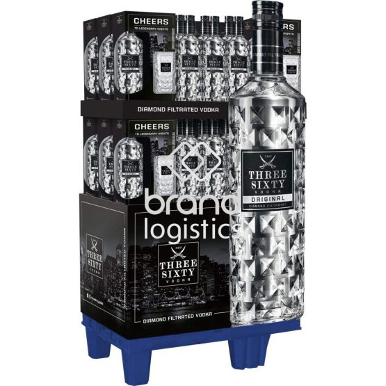 36er Promotion-Display Three Sixty Vodka Original 37,5% vol. 0,7l + gratis Three Sixty Longdrinkglas 0,3L