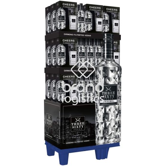 48er Promotion-Display Three Sixty Vodka Original 37,5% vol. 0,7 l + gratis Three Sixty Longdrinkglas 0,3